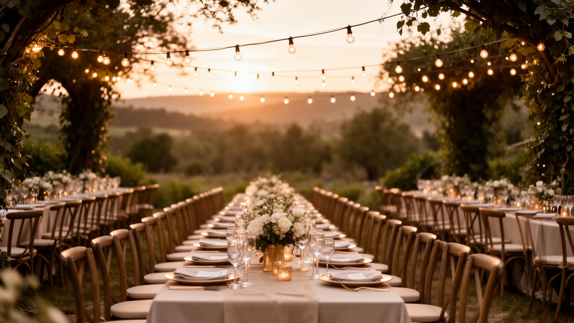 Recepção de casamento ao ar livre no campo ao pôr do sol